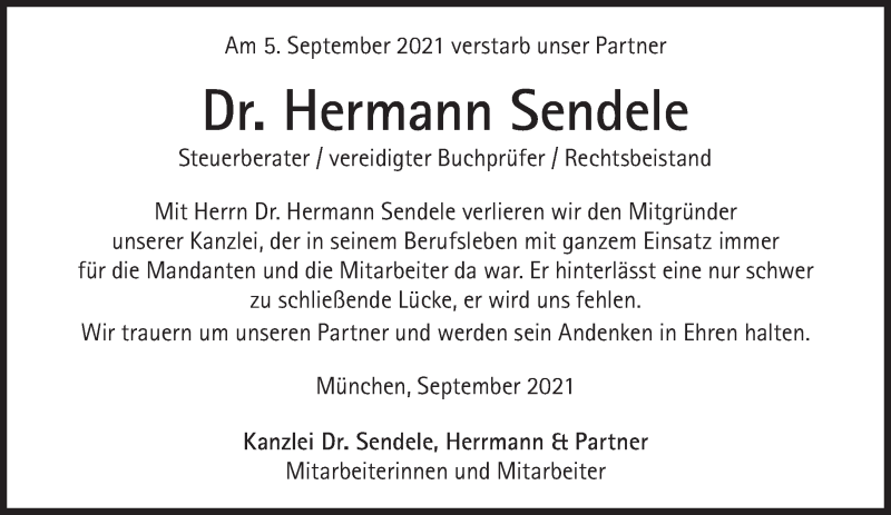  Traueranzeige für Hermann Sendele vom 11.09.2021 aus Süddeutsche Zeitung