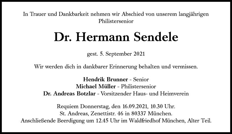  Traueranzeige für Hermann Sendele vom 15.09.2021 aus Süddeutsche Zeitung