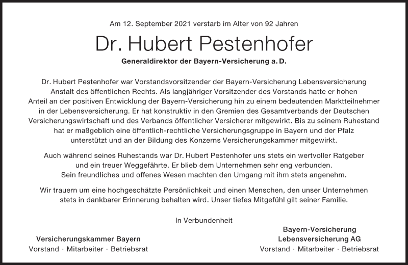  Traueranzeige für Hubert Pestenhofer vom 18.09.2021 aus Süddeutsche Zeitung