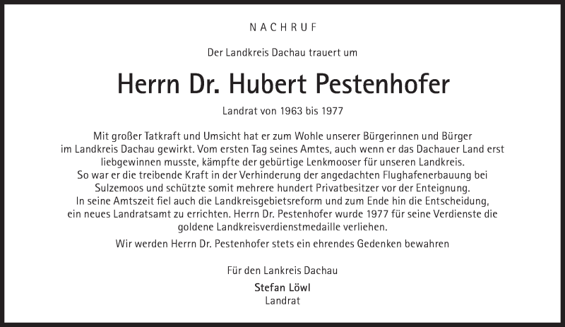  Traueranzeige für Hubert Pestenhofer vom 18.09.2021 aus Süddeutsche Zeitung