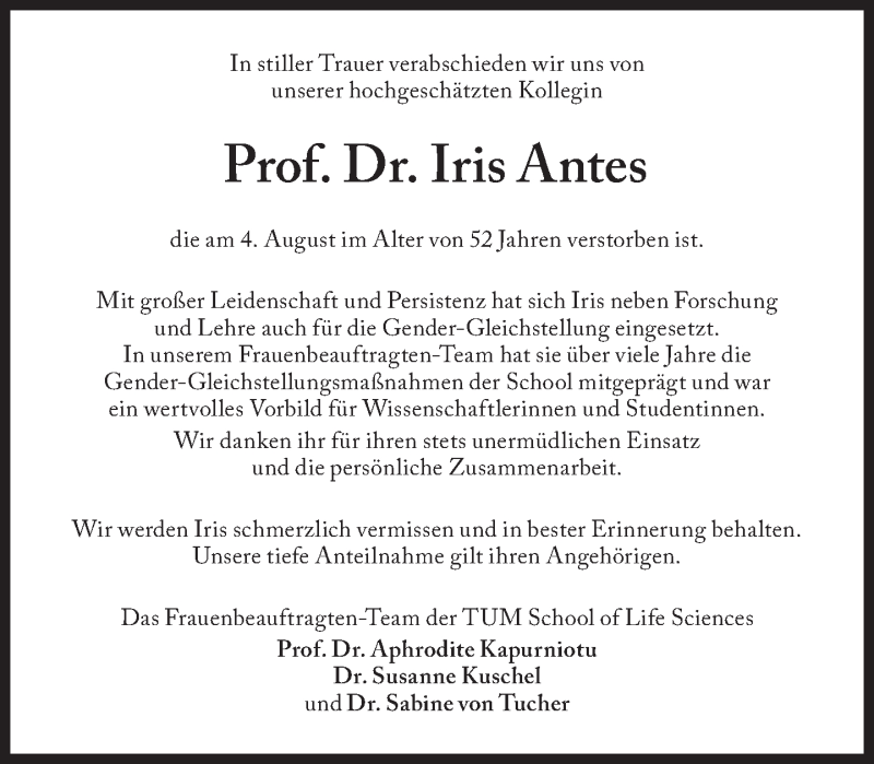  Traueranzeige für Iris Antes vom 08.09.2021 aus Süddeutsche Zeitung