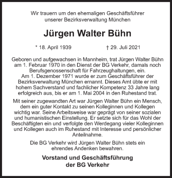 Traueranzeige von Jürgen Walter Bühn von Süddeutsche Zeitung