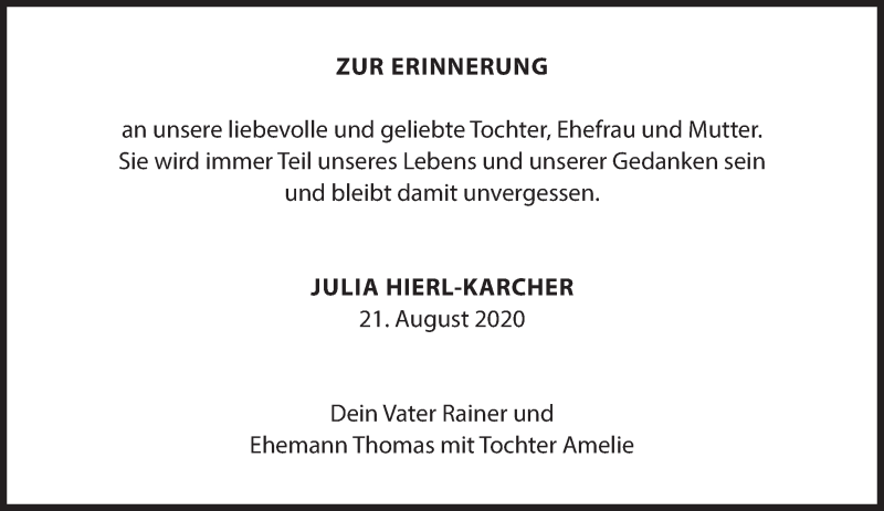  Traueranzeige für Julia Maria Hierl-Karcher vom 21.08.2021 aus Süddeutsche Zeitung