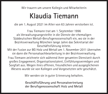 Traueranzeige von Klaudia Tiemann von Süddeutsche Zeitung