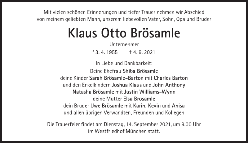  Traueranzeige für Klaus Otto Brösamle vom 11.09.2021 aus Süddeutsche Zeitung