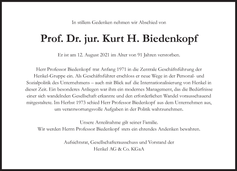  Traueranzeige für Kurt Hans Biedenkopf vom 19.08.2021 aus Süddeutsche Zeitung