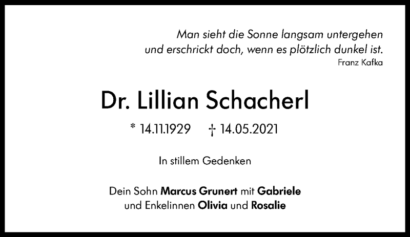  Traueranzeige für Lillian Schacherl vom 22.05.2021 aus Süddeutsche Zeitung