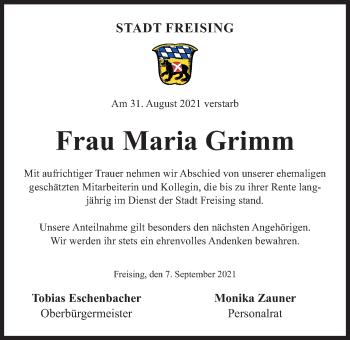 Traueranzeige von Maria Grimm von Süddeutsche Zeitung