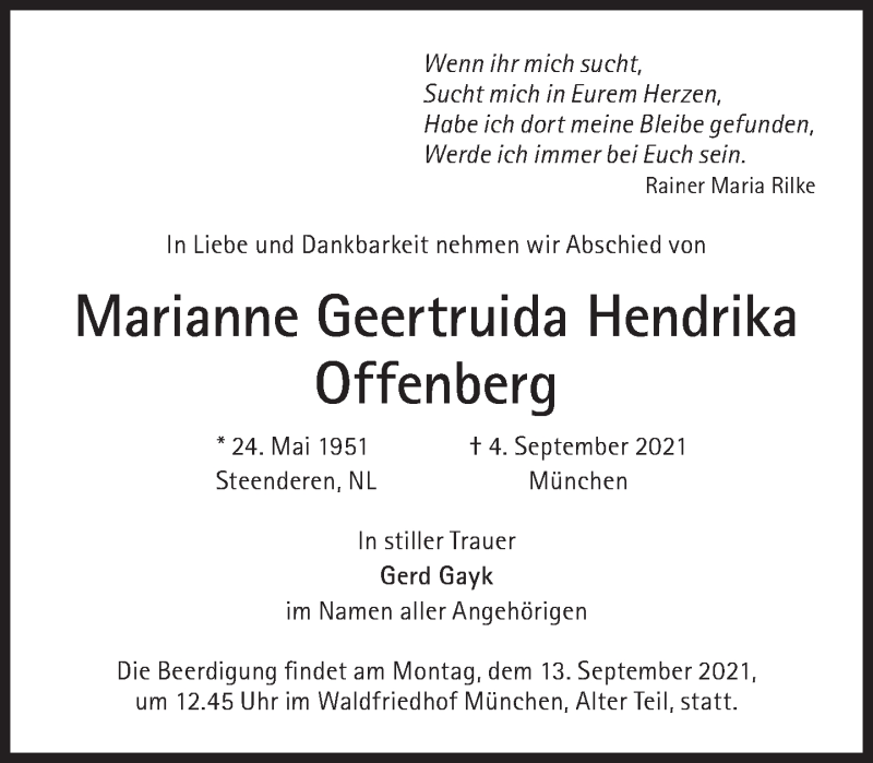  Traueranzeige für Marianne Geertruida Hendrika Offenberg vom 11.09.2021 aus Süddeutsche Zeitung