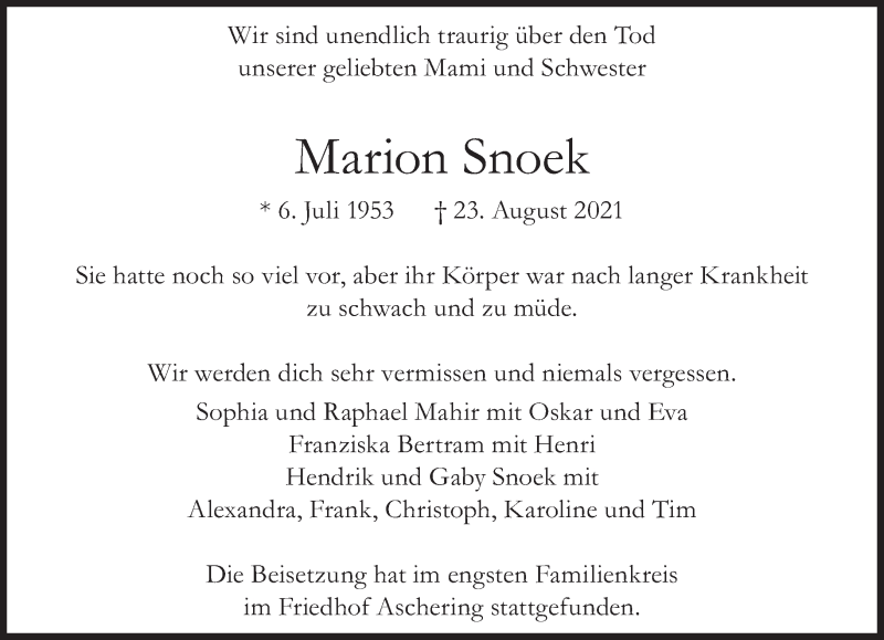  Traueranzeige für Marion Snoek vom 01.09.2021 aus Süddeutsche Zeitung