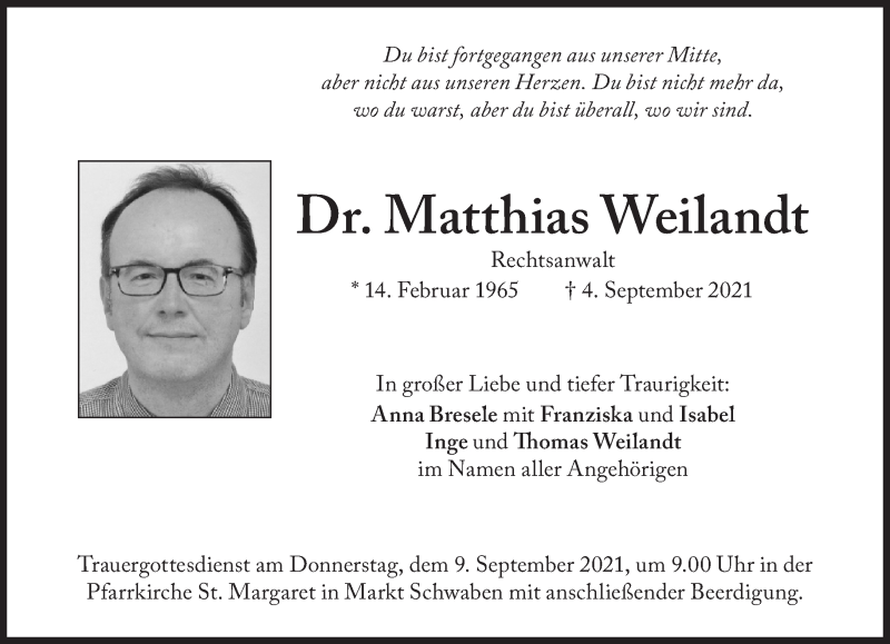  Traueranzeige für Matthias Weilandt vom 08.09.2021 aus Süddeutsche Zeitung