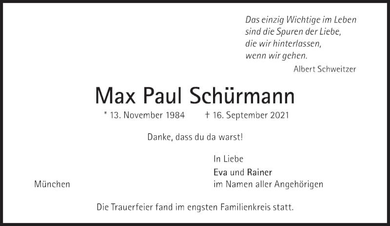  Traueranzeige für Max Paul Schürmann vom 25.09.2021 aus Süddeutsche Zeitung