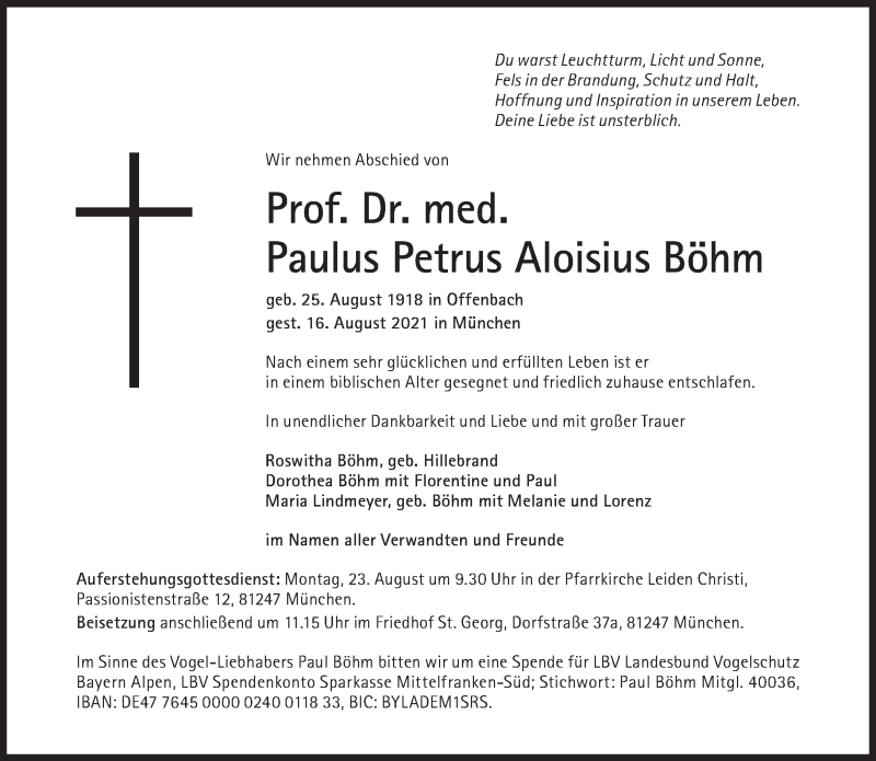  Traueranzeige für Paulus Petrus Aloisius Böhm vom 21.08.2021 aus Süddeutsche Zeitung