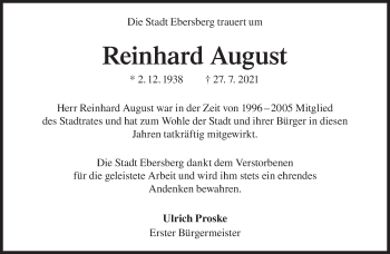 Traueranzeige von Reinhard August von Süddeutsche Zeitung