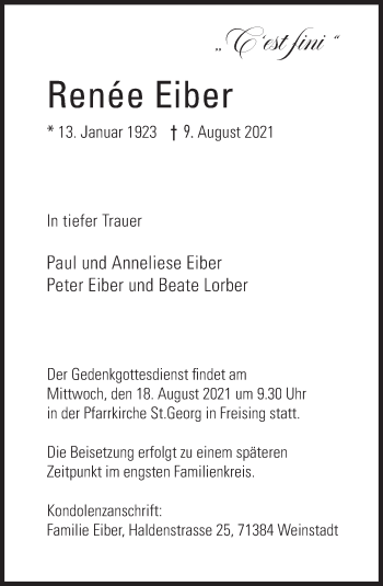 Traueranzeige von Renée Eiber von Süddeutsche Zeitung