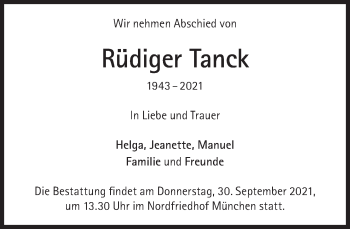 Traueranzeige von Rüdiger Tanck von Süddeutsche Zeitung