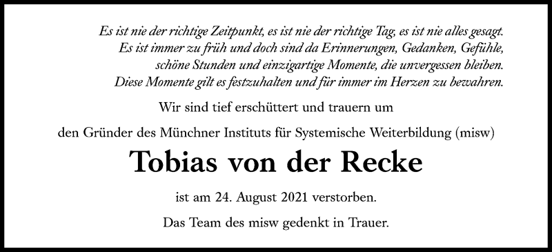  Traueranzeige für Tobias von der Recke vom 11.09.2021 aus Süddeutsche Zeitung