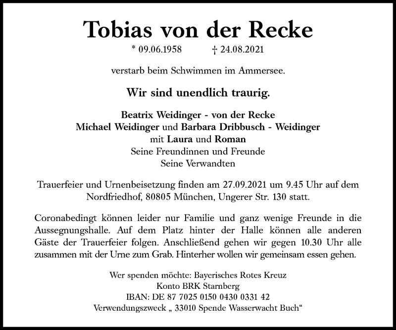  Traueranzeige für Tobias von der Recke vom 04.09.2021 aus Süddeutsche Zeitung