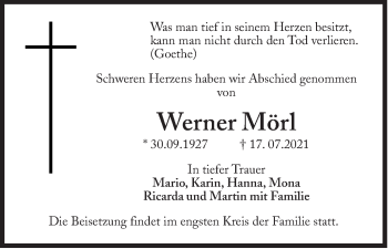 Traueranzeige von Werner Mörl von Süddeutsche Zeitung