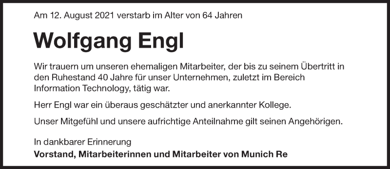  Traueranzeige für Wolfgang Engl vom 18.08.2021 aus Süddeutsche Zeitung