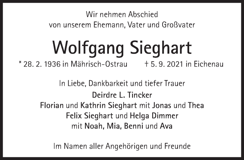  Traueranzeige für Wolfgang Sieghart vom 11.09.2021 aus Süddeutsche Zeitung