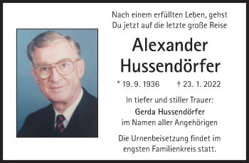 Traueranzeige von Alexander Hussendörfer von Süddeutsche Zeitung