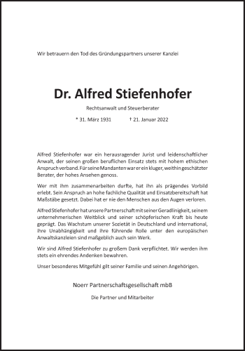 Traueranzeige von Alfred Stiefenhofer von Süddeutsche Zeitung