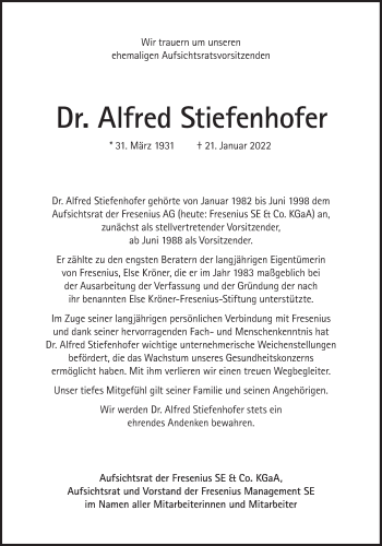 Traueranzeige von Alfred Stiefenhofer von Süddeutsche Zeitung