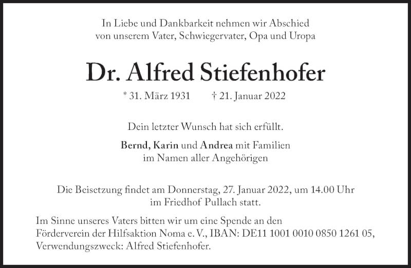  Traueranzeige für Alfred Stiefenhofer vom 24.01.2022 aus Süddeutsche Zeitung