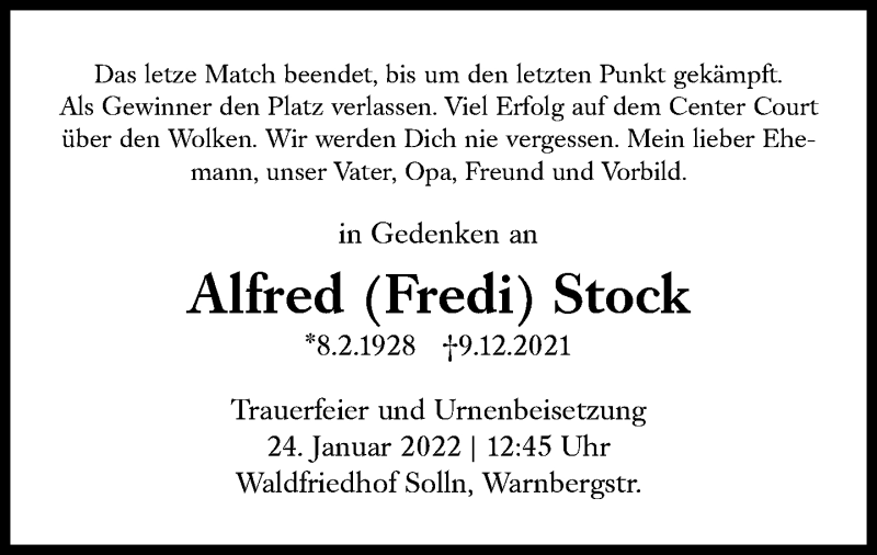 Traueranzeigen Von Alfred Stock | SZ-Gedenken.de