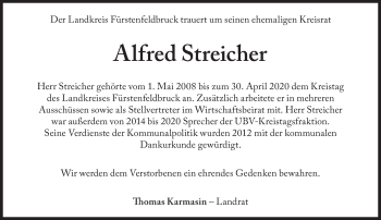 Traueranzeige von Alfred Streicher von Süddeutsche Zeitung