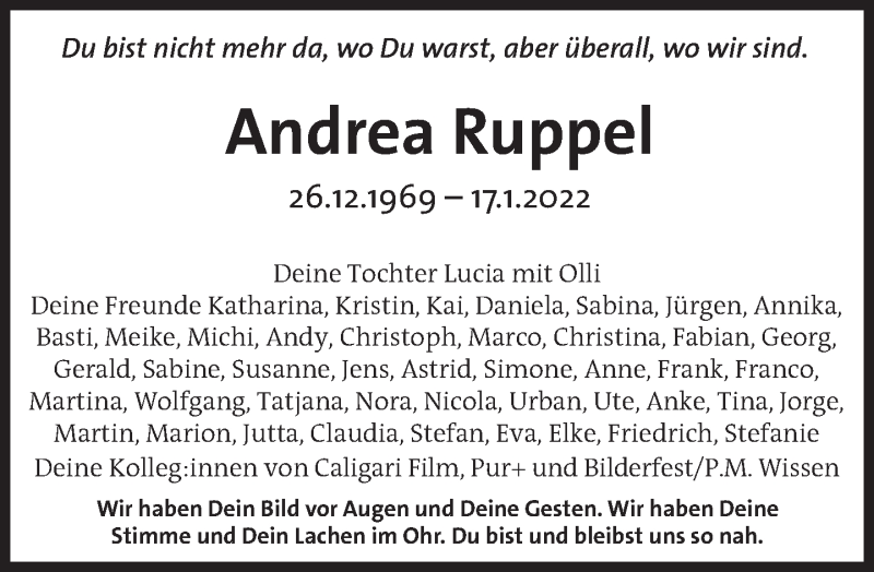  Traueranzeige für Andrea Ruppel vom 29.01.2022 aus Süddeutsche Zeitung