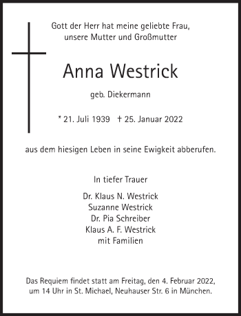 Traueranzeige von Anna Westrick von Süddeutsche Zeitung