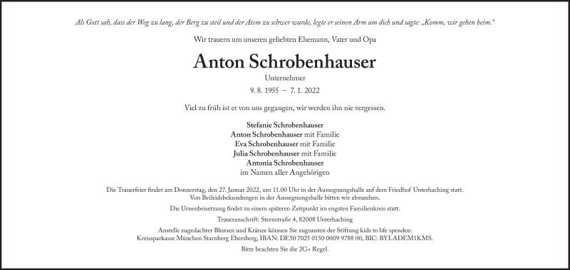  Traueranzeige für Anton Schrobenhauser vom 12.01.2022 aus Süddeutsche Zeitung