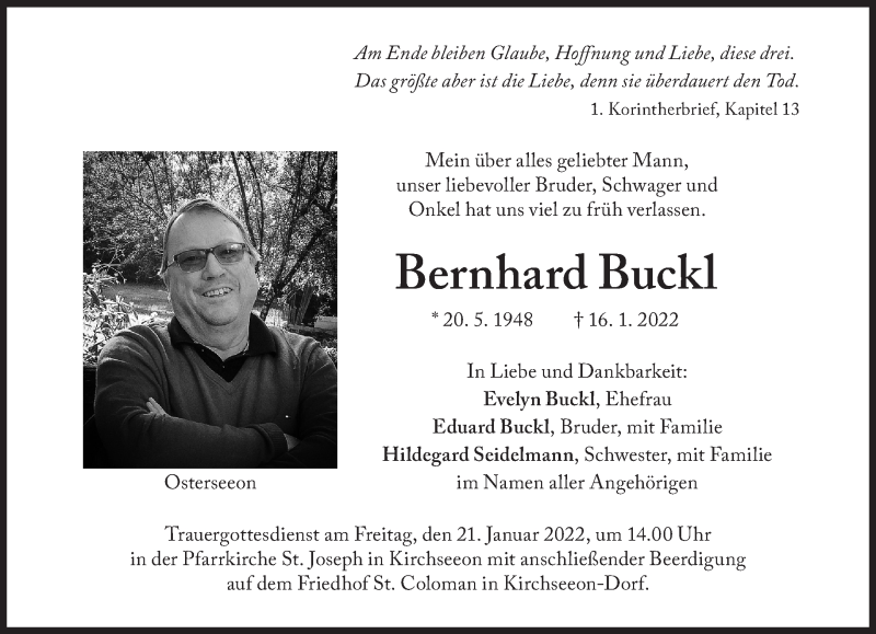  Traueranzeige für Bernhard Buckl vom 19.01.2022 aus Süddeutsche Zeitung