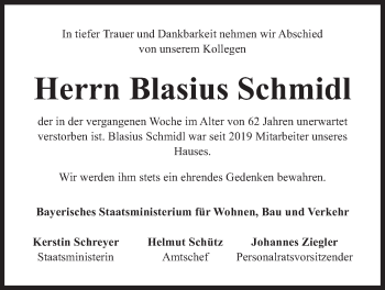 Traueranzeige von Blasius Schmidl von Süddeutsche Zeitung