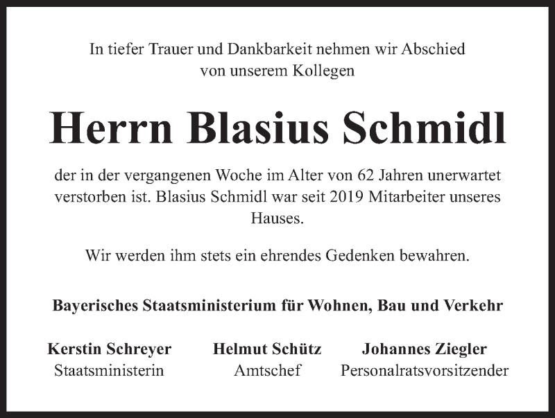  Traueranzeige für Blasius Schmidl vom 11.01.2022 aus Süddeutsche Zeitung
