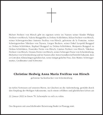 Traueranzeige von Christine Hedwig Anna Maria Freifrau von Hirsch von Süddeutsche Zeitung