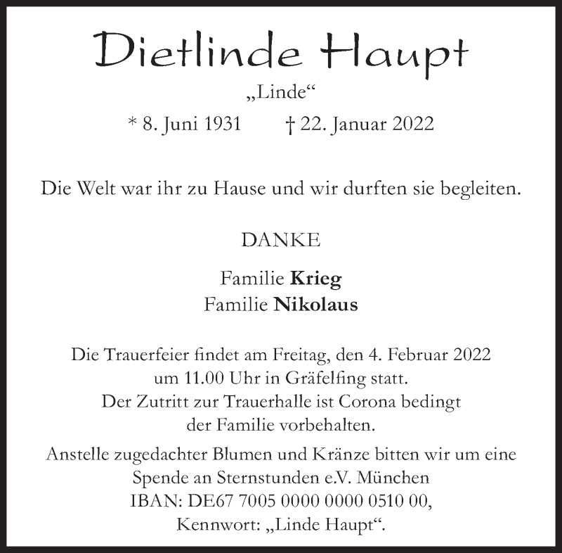  Traueranzeige für Dietlinde Haupt vom 29.01.2022 aus Süddeutsche Zeitung