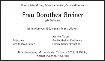 Traueranzeige von Dorothea Greiner von Süddeutsche Zeitung
