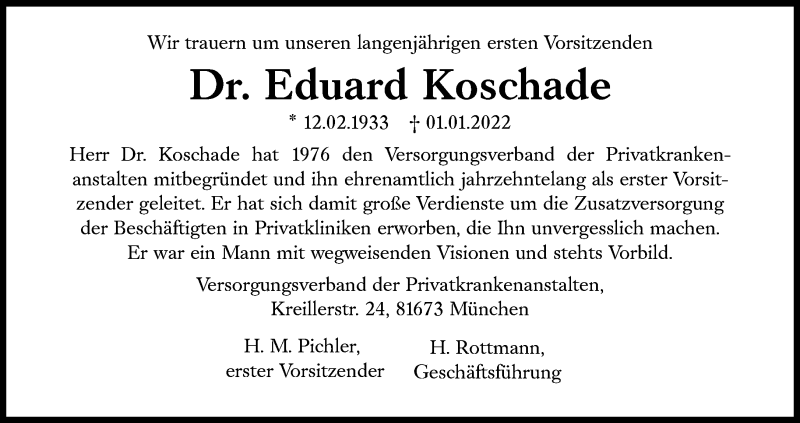  Traueranzeige für Eduard Koschade vom 08.01.2022 aus Süddeutsche Zeitung