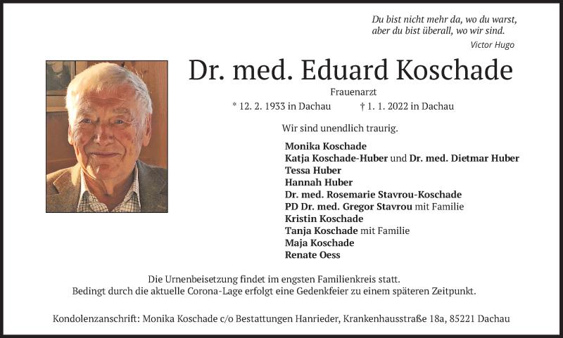  Traueranzeige für Eduard Koschade vom 08.01.2022 aus Süddeutsche Zeitung