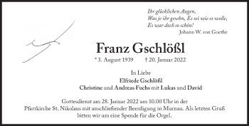 Traueranzeige von Franz Gschlößl von Süddeutsche Zeitung