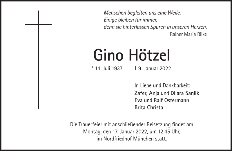  Traueranzeige für Gino Hötzel vom 13.01.2022 aus Süddeutsche Zeitung