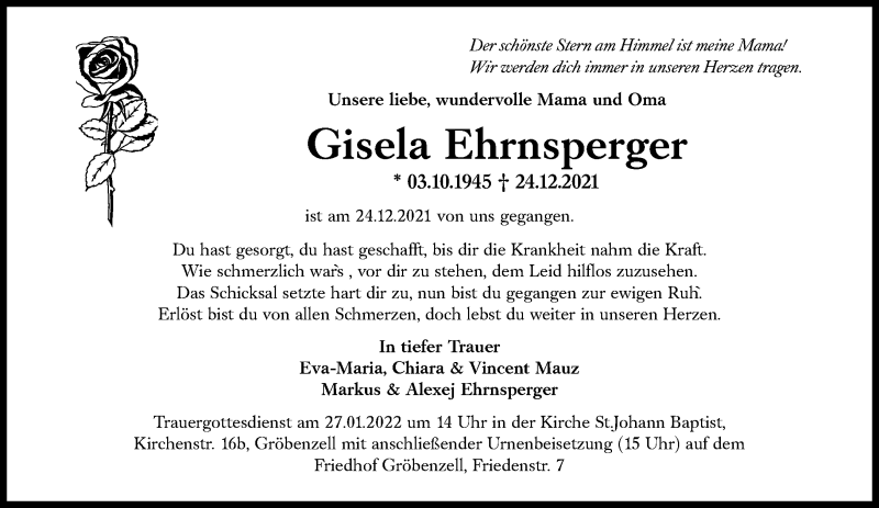  Traueranzeige für Gisela Ehrnsperger vom 15.01.2022 aus Süddeutsche Zeitung