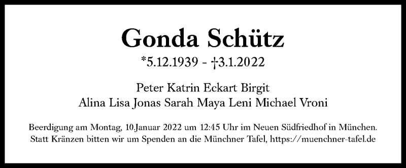  Traueranzeige für Gonda Schütz vom 08.01.2022 aus Süddeutsche Zeitung