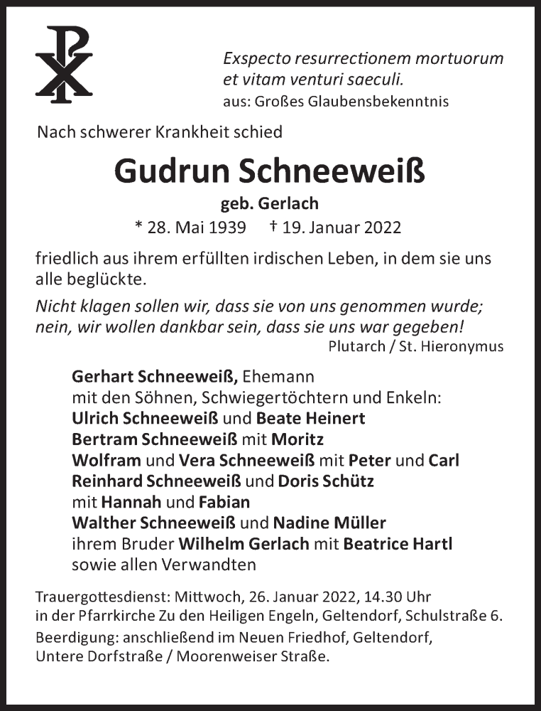  Traueranzeige für Gudrun Schneeweiß vom 22.01.2022 aus Süddeutsche Zeitung