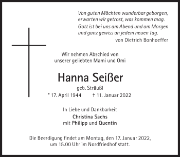 Traueranzeige von Hanna Seißer von Süddeutsche Zeitung