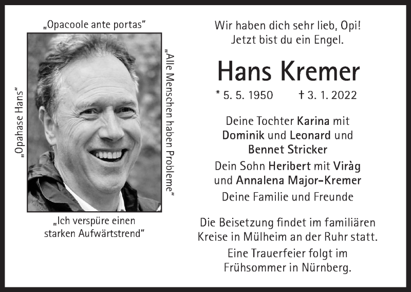  Traueranzeige für Hans Kremer vom 15.01.2022 aus Süddeutsche Zeitung
