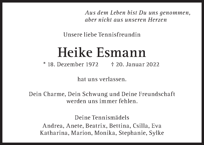  Traueranzeige für Heike Esmann vom 29.01.2022 aus Süddeutsche Zeitung